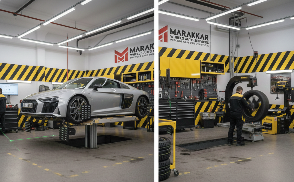 A professional technician performing wheel balancing and tire services on a premium silver sports car at Marakkar Wheels Auto Services in Bin Omran, featuring a modern yellow and black garage interior.