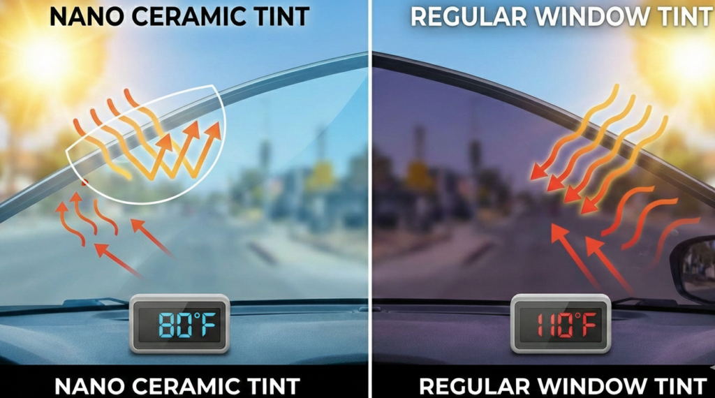 A realistic side-by-side comparison of a car interior under direct sunlight. The left side features Nano Ceramic Tint, showing a digital thermometer at 80°F and heat rays being reflected away from the window. The right side features Regular Window Tint, showing a thermometer at 110°F and heat rays passing through the glass. Both sides are labeled for comparison.