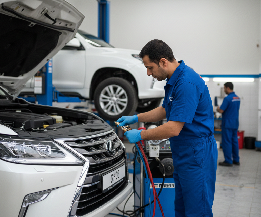 Technician performing Car AC Service in Qatar at a professional Car Repair Shop using advanced diagnostic equipment.