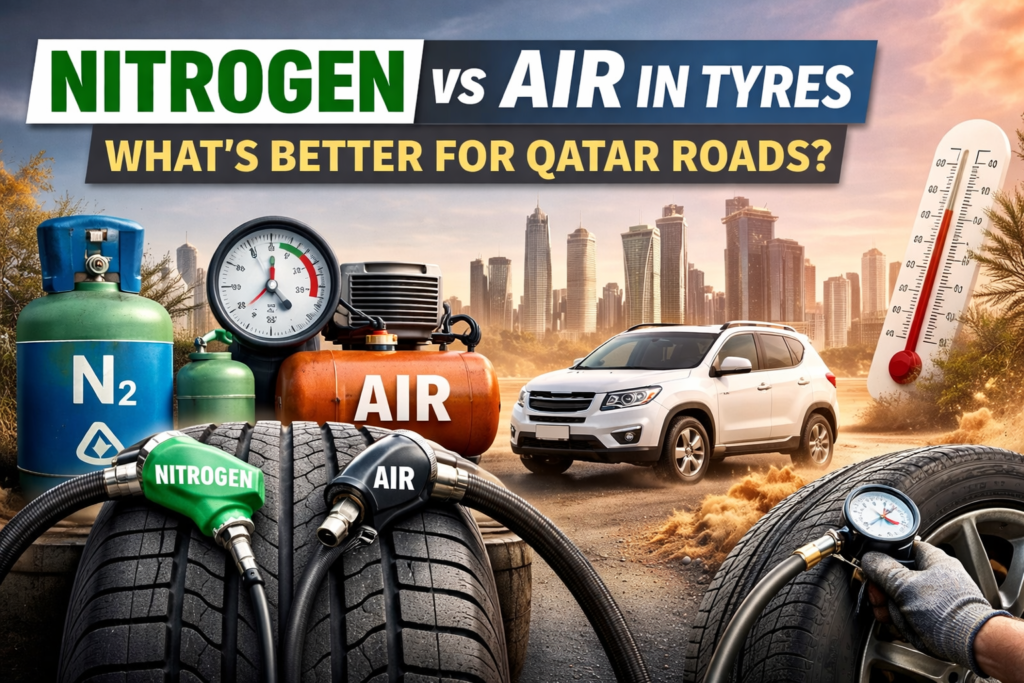 Nitrogen vs air in tyres comparison for Qatar roads showing tyre pressure gauge, nitrogen tank, air compressor and vehicle in hot climate conditions.