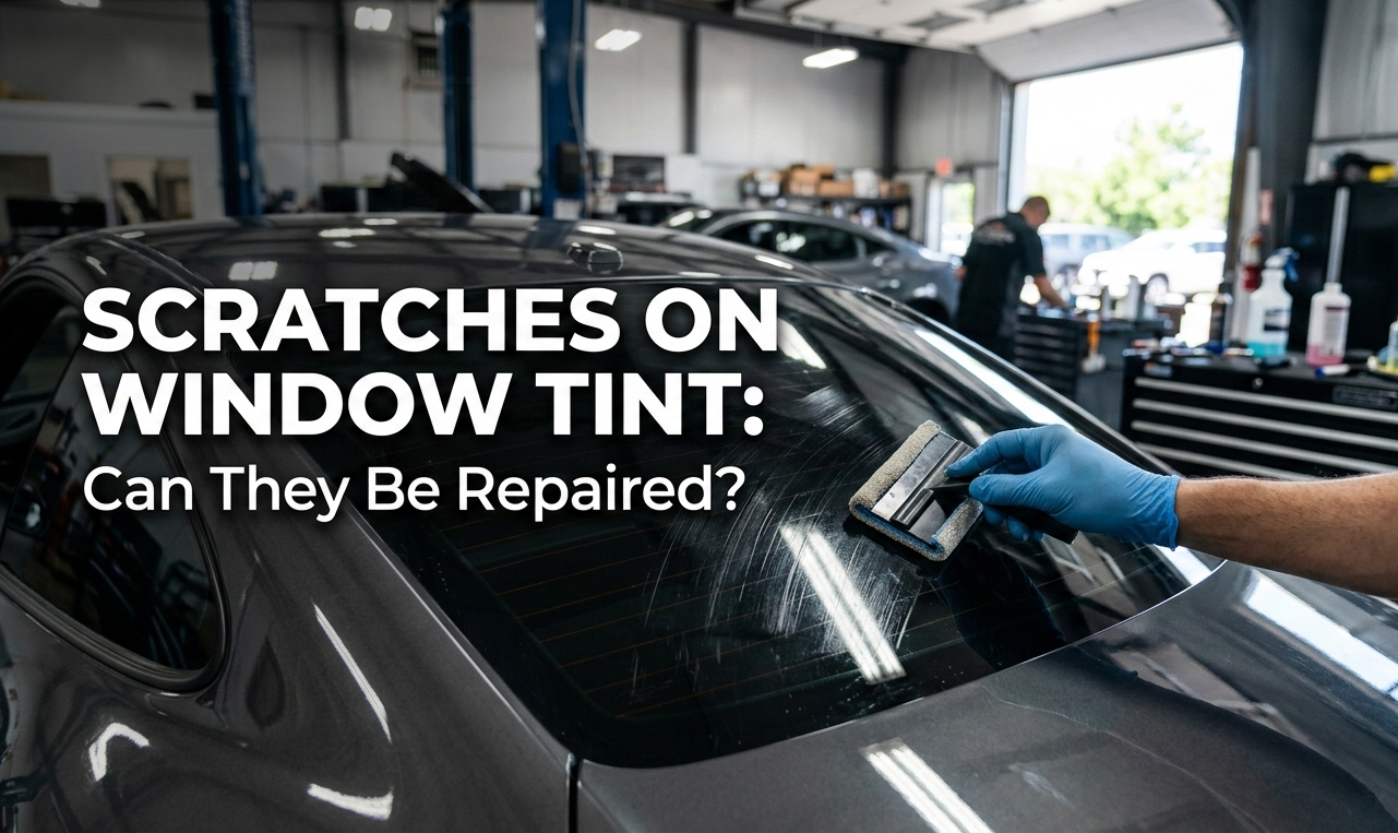 Scratches on car window tint showing damage on tinted glass and repair solution