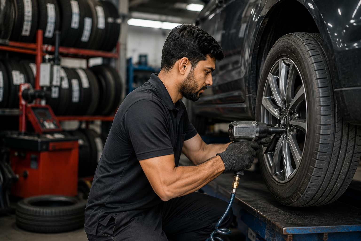 Male mechanic in a black polo uses an impact wrench to loosen lug nuts on a car wheel on a lift in a tire shop.